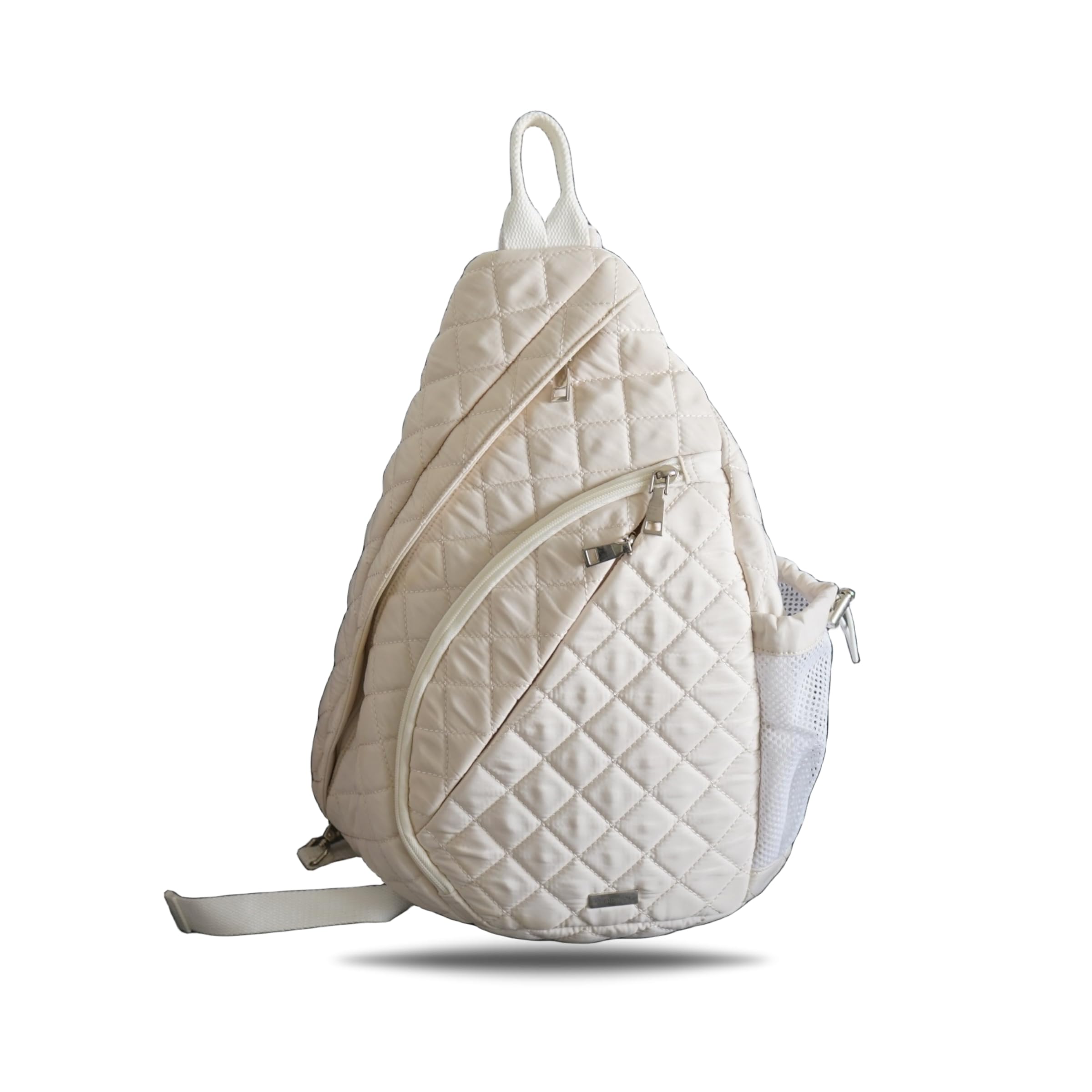 Light Beige Quilted Nylon Sling Bag for Women, Big Unisex Lightweight Everyday White Crossbody Travel Backpack with Hidden Pockets and Bottle Holder