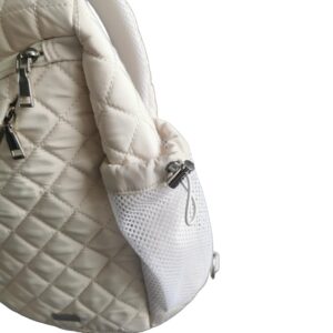 Light Beige Quilted Nylon Sling Bag for Women, Big Unisex Lightweight Everyday White Crossbody Travel Backpack with Hidden Pockets and Bottle Holder