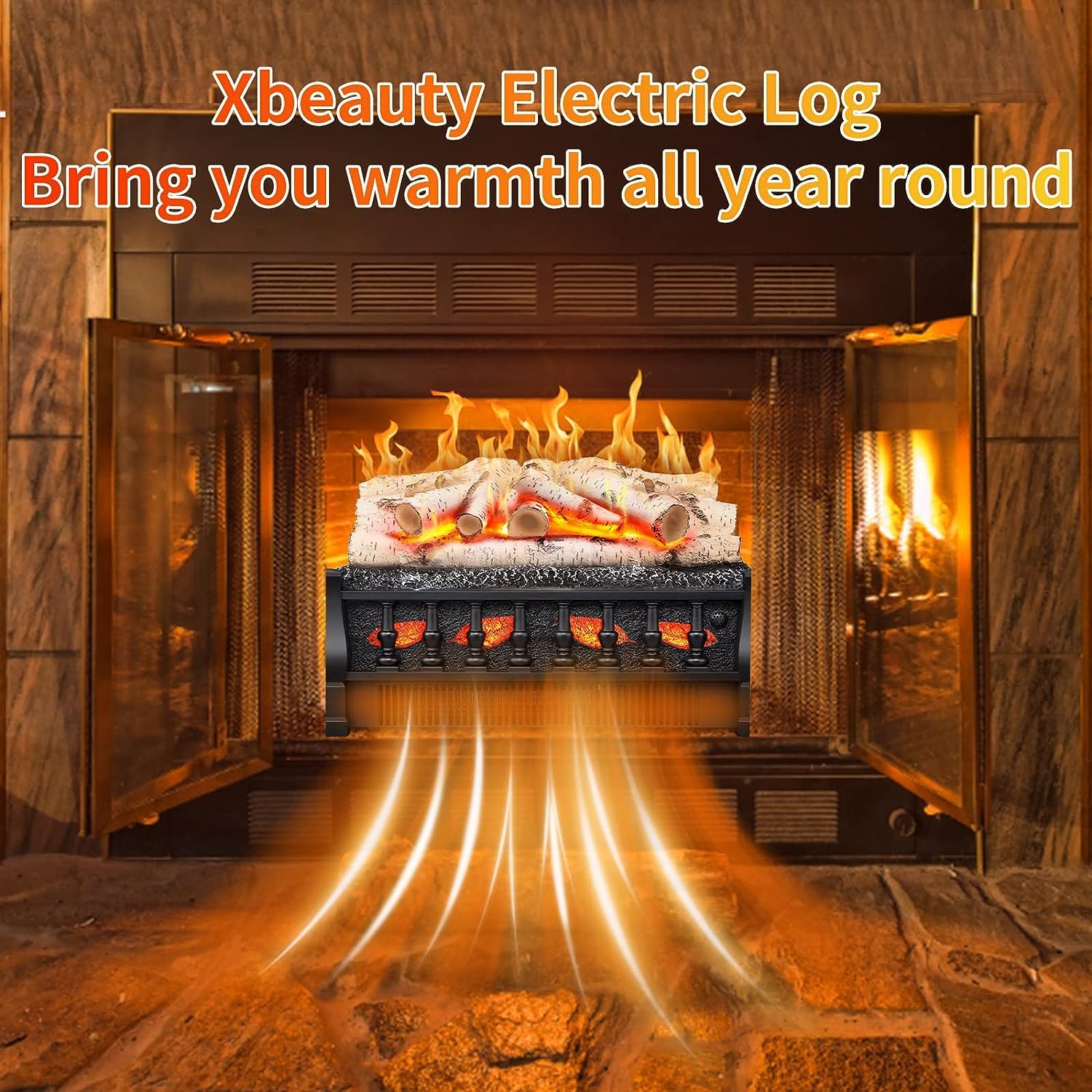 Xbeauty 20" Electric Fireplace Logs Heater,750W/1500WInsert Heater,5 Flame Brightness&Speed/Remote Control/Timer,with Flame Projection Board,for Home and Office Decor