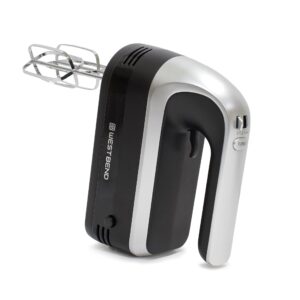 west bend hand mixer plus with immersion blender attachment, 6 speed options with ergonomic handle and snap-on storage case, 250-watts, black