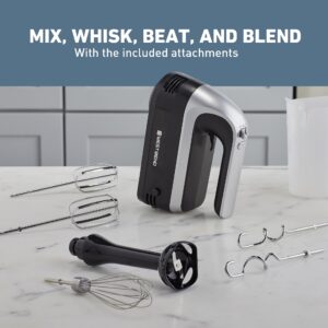 West Bend Hand Mixer Plus with Immersion Blender Attachment, 6 Speed Options with Ergonomic Handle and Snap-On Storage Case, 250-Watts, Black