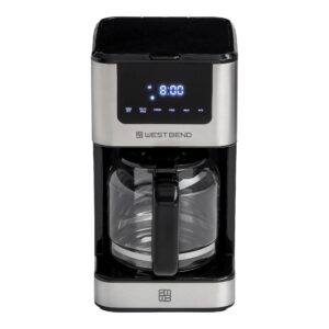 West Bend Drip Coffee Maker Brews Hot or Iced, Programmable with Brew Strength Selector Auto Shut-Off and 6 Functions Permanent Mesh Filter and Glass Carafe, 12-Cup, Metallic,Silver