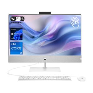 hp pavilion all-in-one desktop, 27" fhd touchscreen display, 12th gen intel core i7-12700t, 20gb ram, 1tb ssd, wi-fi 6, webcam, hdmi, rj-45, wired keyboard & mouse, white, windows 11 home