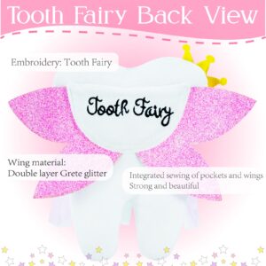 Tooth Fairy,Tooth Fairy Pillow with Shiny Wings,Tooth Fairy Pillow for GirlsTooth Pillow,Tooth Fairy Gift,Tooth Decor,Tooth Fairy Doll,Tooth Fairy Bag Keepsake (Pink Wings)