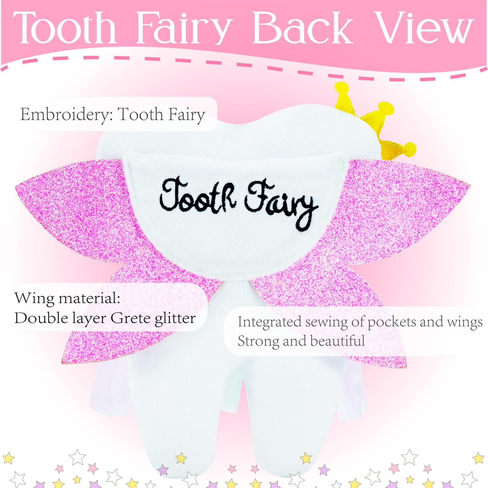 Tooth Fairy,Tooth Fairy Pillow with Shiny Wings,Tooth Fairy Pillow for GirlsTooth Pillow,Tooth Fairy Gift,Tooth Decor,Tooth Fairy Doll,Tooth Fairy Bag Keepsake (Pink Wings)