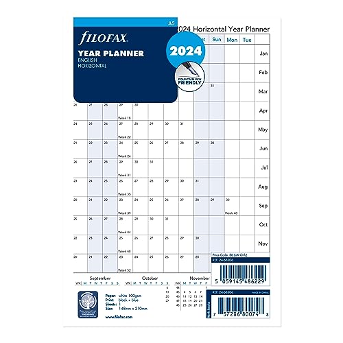 Filofax Calendar Diary Refill, A5 Size, Horizontal Year Planner, White Paper, English, 2024 (C68506-24)