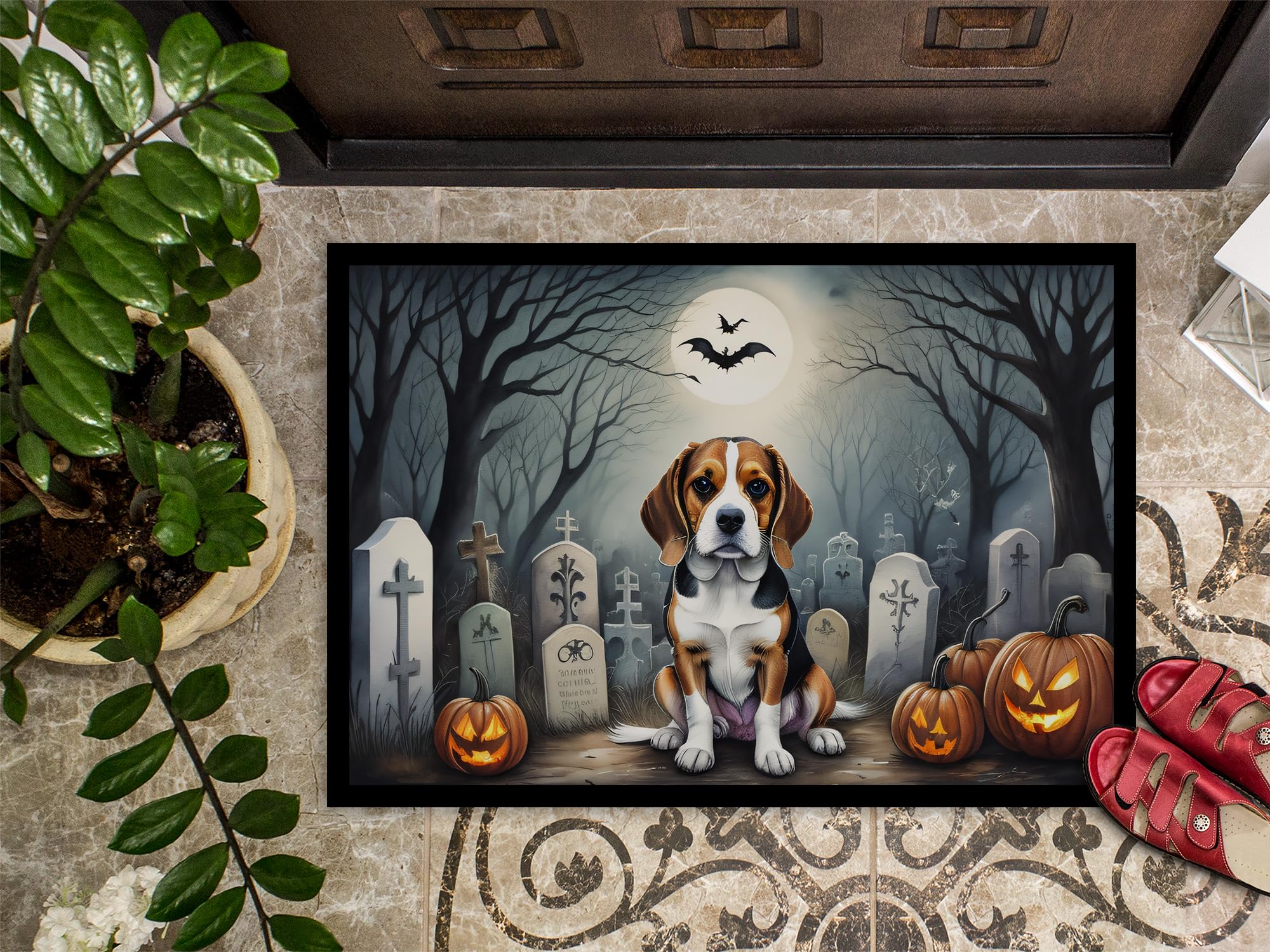 Caroline's Treasures DAC2011MAT Beagle Spooky Halloween Doormat 18x27 Front Door Mat Indoor Outdoor Rugs for Entryway, Non Slip Washable Low Pile, 18H X 27W