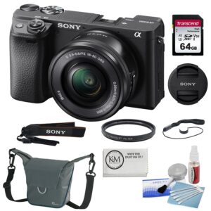 sony a6400 mirrorless camera with 16-50mm lens bundled with camera bag + 64gb memory card + uv filter + cap keeper + 5 piece cleaning kit + cleaning cloth (7 items)