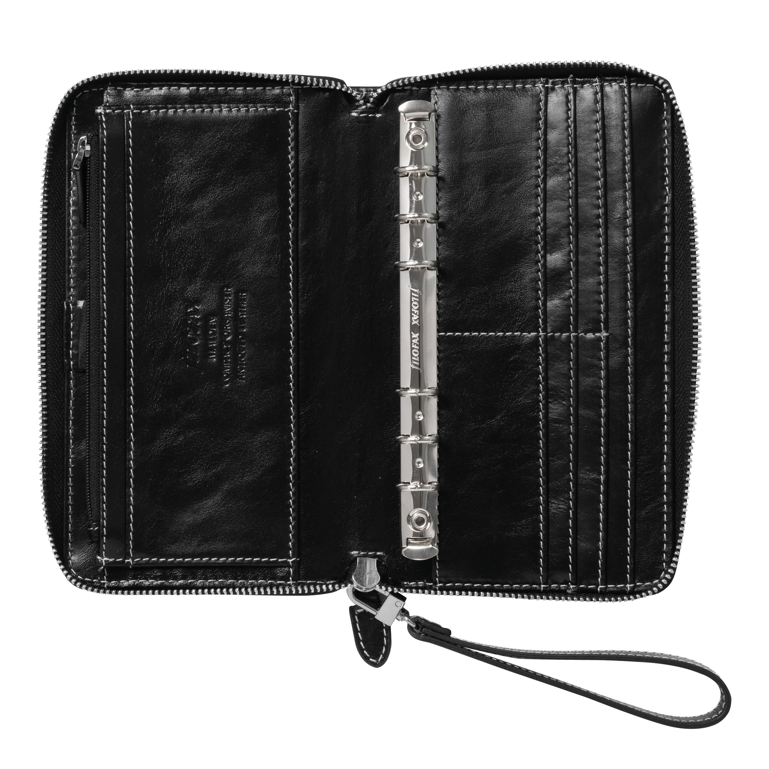 Filofax Malden Zip Organizer, Personal Compact Size, Black - Tactile, Full-Grain Buffalo Leather, Six Rings, with Cotton Cream Week-to-View Calendar Diary, Multilingual, 2024 (C022630-24)