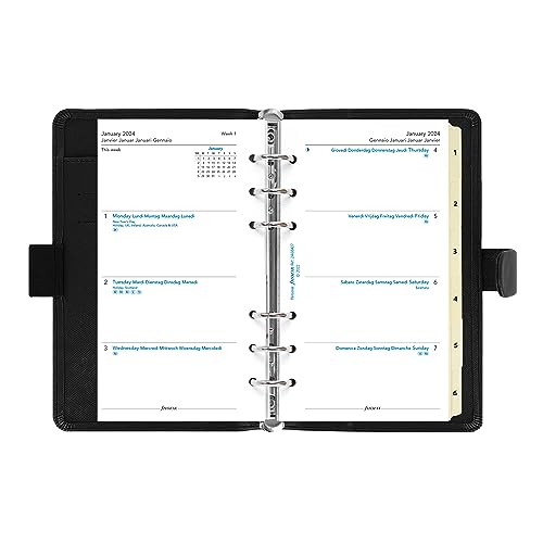 Filofax Saffiano Organizer, Personal Compact Size, Black - Cross-Grain, Leather-Look, Six Rings, Week-to-View Calendar Diary, Multilingual, 2024 (C022469-24)