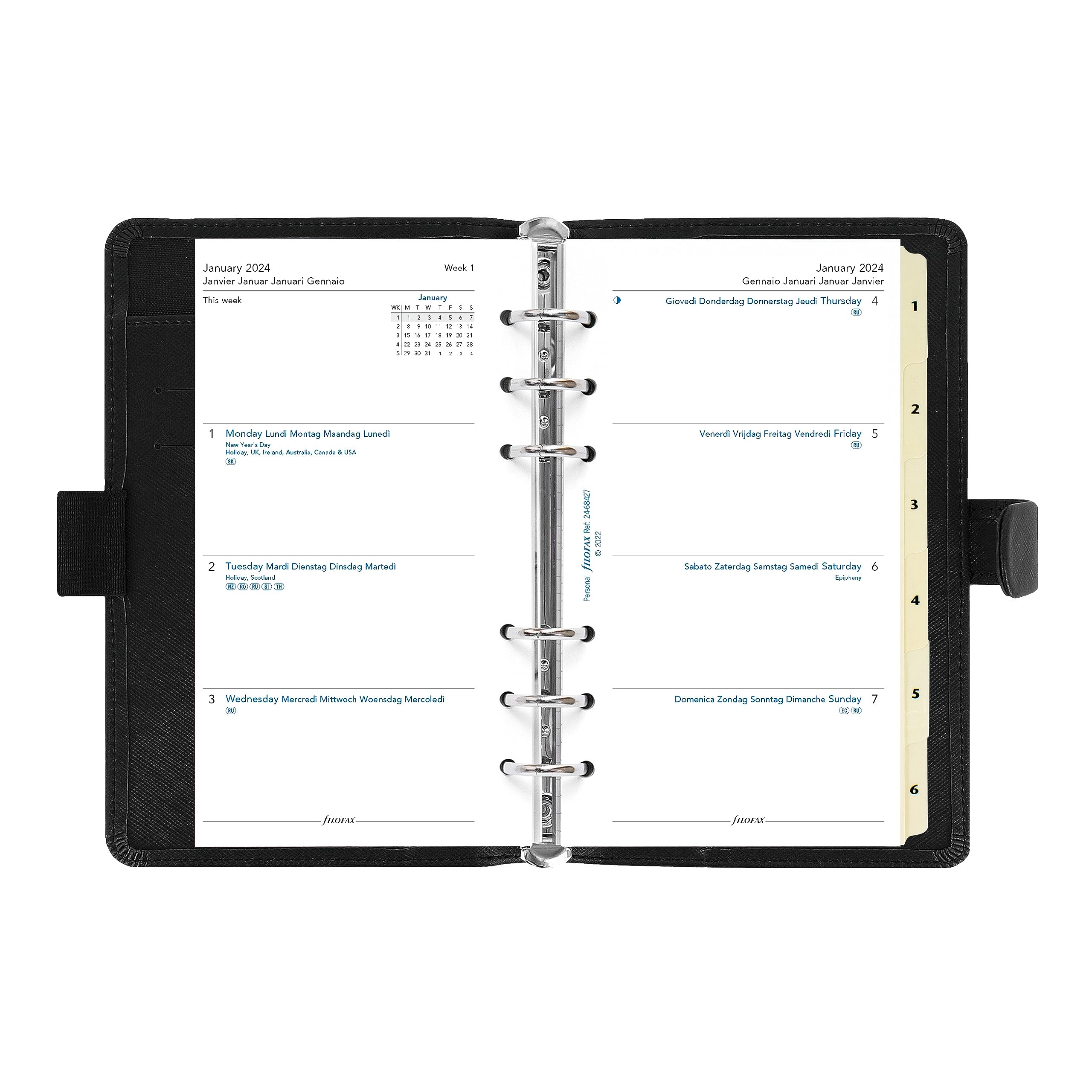 Filofax Saffiano Organizer, Personal Compact Size, Black - Cross-Grain, Leather-Look, Six Rings, Week-to-View Calendar Diary, Multilingual, 2024 (C022469-24)