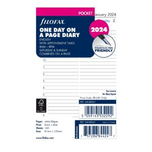 filofax calendar diary refill, pocket size, day on one page with appointments, ruled, white paper, english, 2024 (c68241-24)