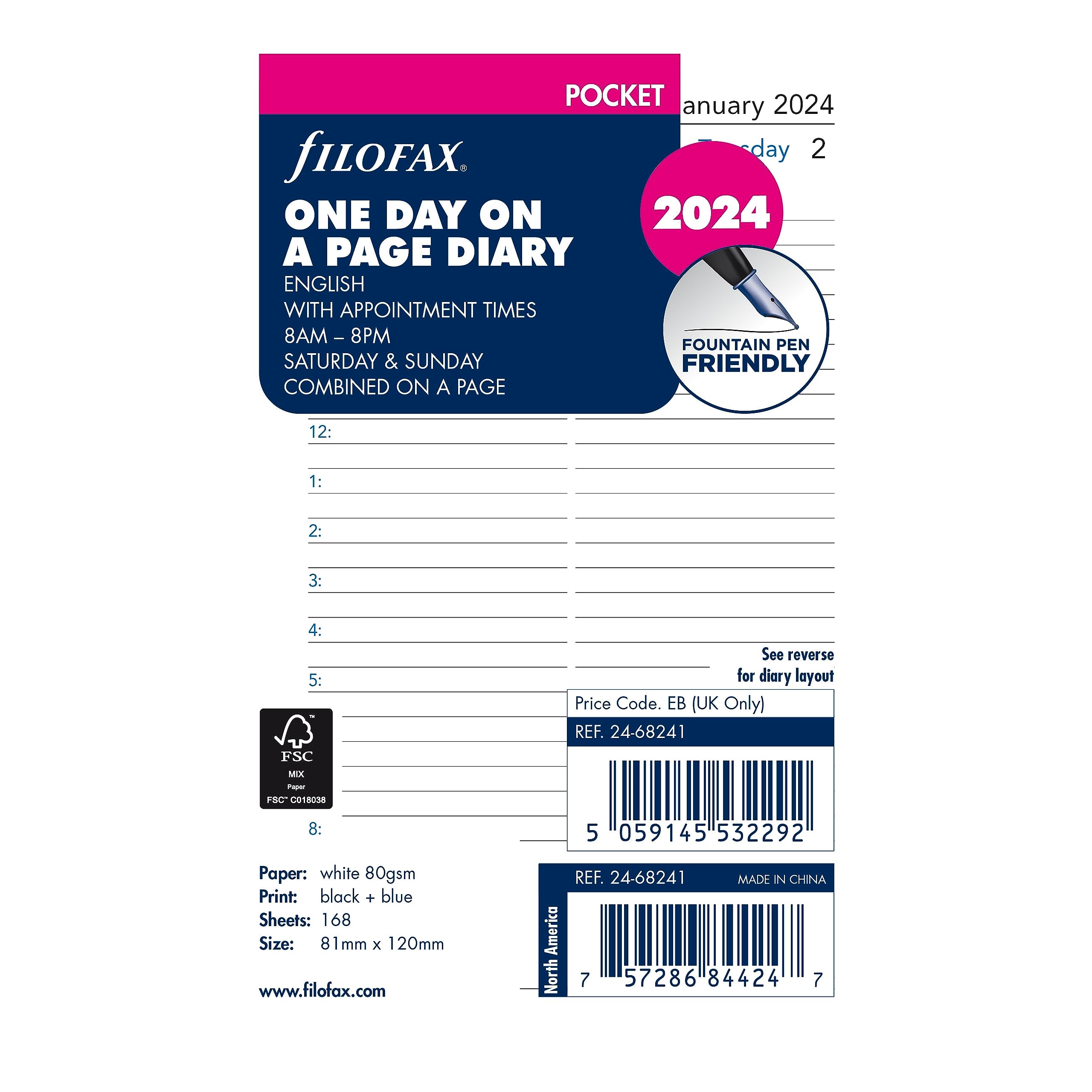 Filofax Calendar Diary Refill, Pocket Size, Day on One Page with Appointments, Ruled, White Paper, English, 2024 (C68241-24)