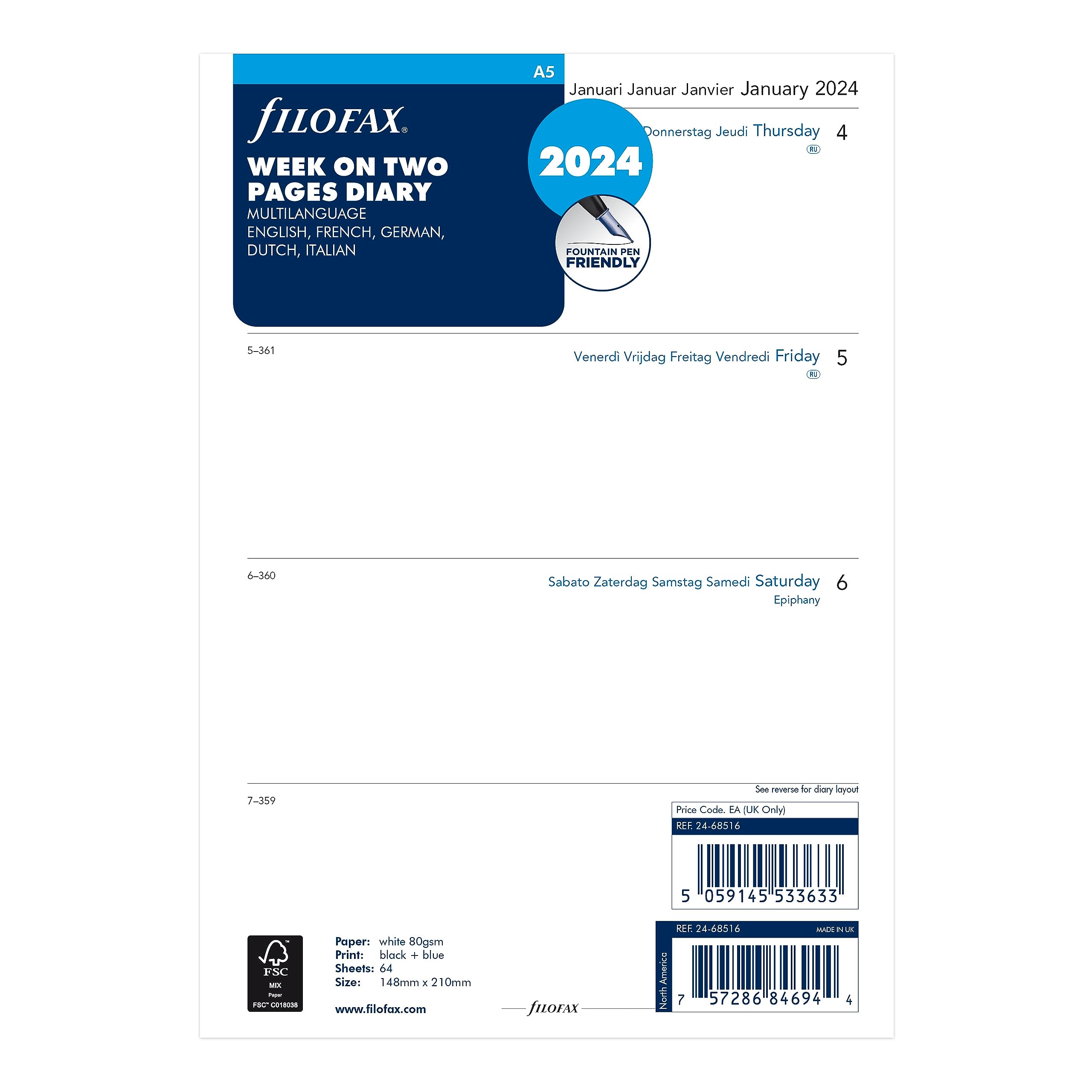 Filofax Calendar Diary Refill, A5 Size, Week-to-View with Notes Section, White Paper, Unruled, Multilingual: Five Languages, 2024 (C68516-24)