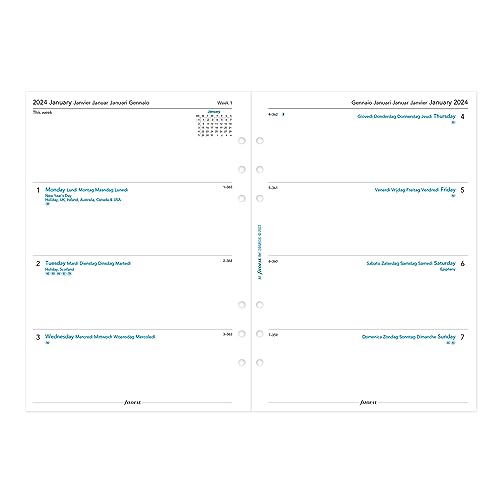 Filofax Calendar Diary Refill, A5 Size, Week-to-View with Notes Section, White Paper, Unruled, Multilingual: Five Languages, 2024 (C68516-24)