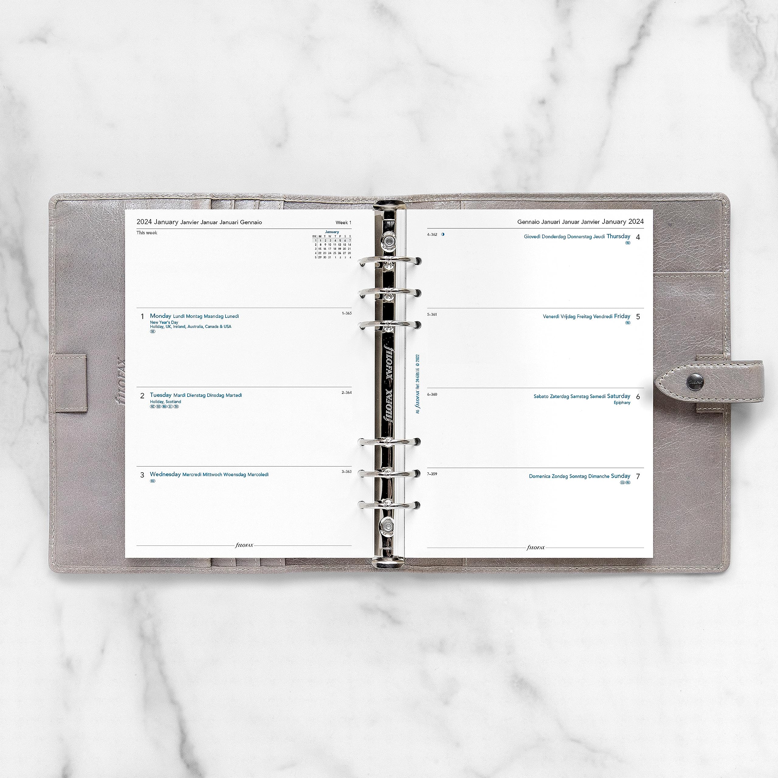 Filofax Calendar Diary Refill, A5 Size, Week-to-View with Notes Section, White Paper, Unruled, Multilingual: Five Languages, 2024 (C68516-24)