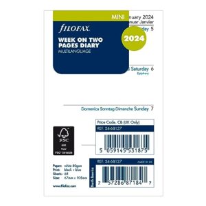 filofax calendar diary refill, mini size, week-to-view, white paper, unruled, multilingual: four languages, 2024 (c68127-24)