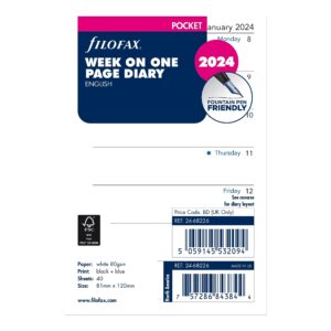 filofax calendar diary refill, pocket size, week on one page, white paper, unruled, english, 2024 (c68226-24)