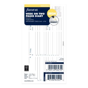 filofax calendar diary refill, personal/compact size, week-to-view with appointments, horizontal, white paper, ruled, english, 2024 (c68420-24)