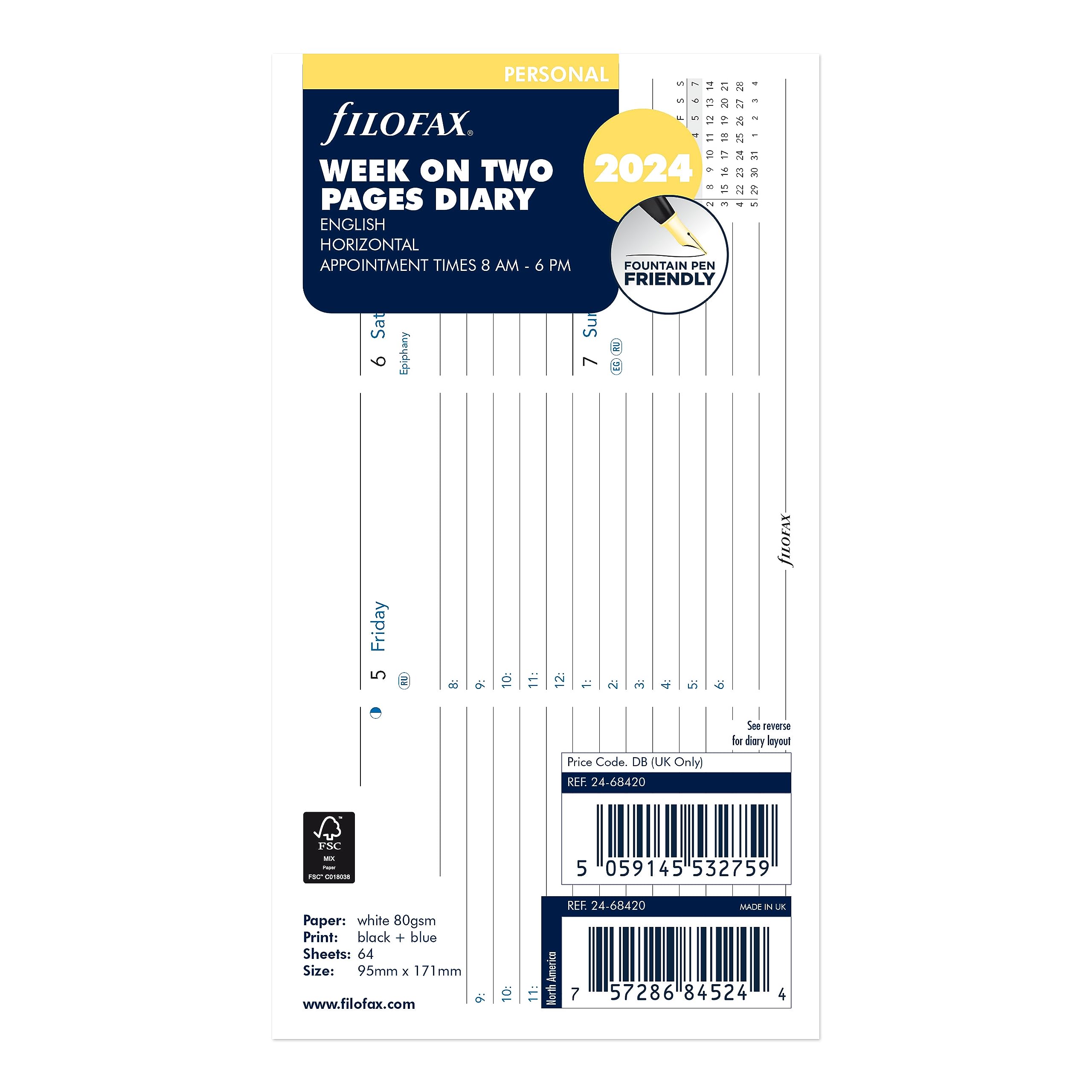 Filofax Calendar Diary Refill, Personal/Compact Size, Week-to-View with Appointments, Horizontal, White Paper, Ruled, English, 2024 (C68420-24)