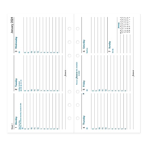 Filofax Calendar Diary Refill, Personal/Compact Size, Week-to-View with Appointments, Horizontal, White Paper, Ruled, English, 2024 (C68420-24)