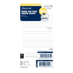 filofax calendar diary refill, personal/compact size, week-to-view, white paper, ruled, english, 2024 (c68418-24)