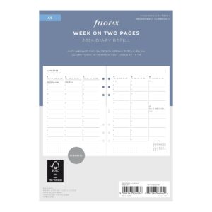 filofax calendar diary refill, a5 size, week-to-view with appointments, minimal diary pack, vertical, white paper, multilingual: five languages, 2024 (c68593-24)