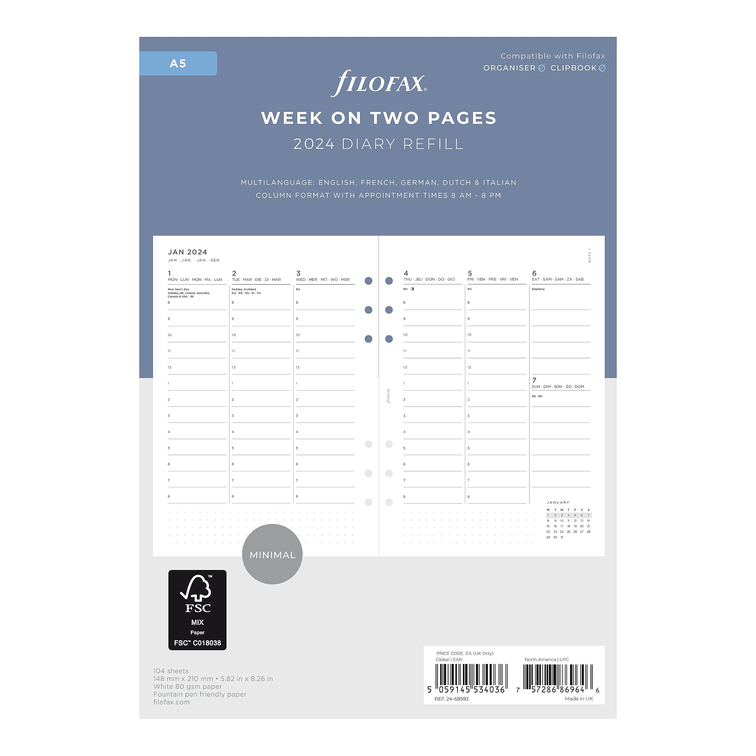 Filofax Calendar Diary Refill, A5 Size, Week-to-View with Appointments, Minimal Diary Pack, Vertical, White Paper, Multilingual: Five Languages, 2024 (C68593-24)