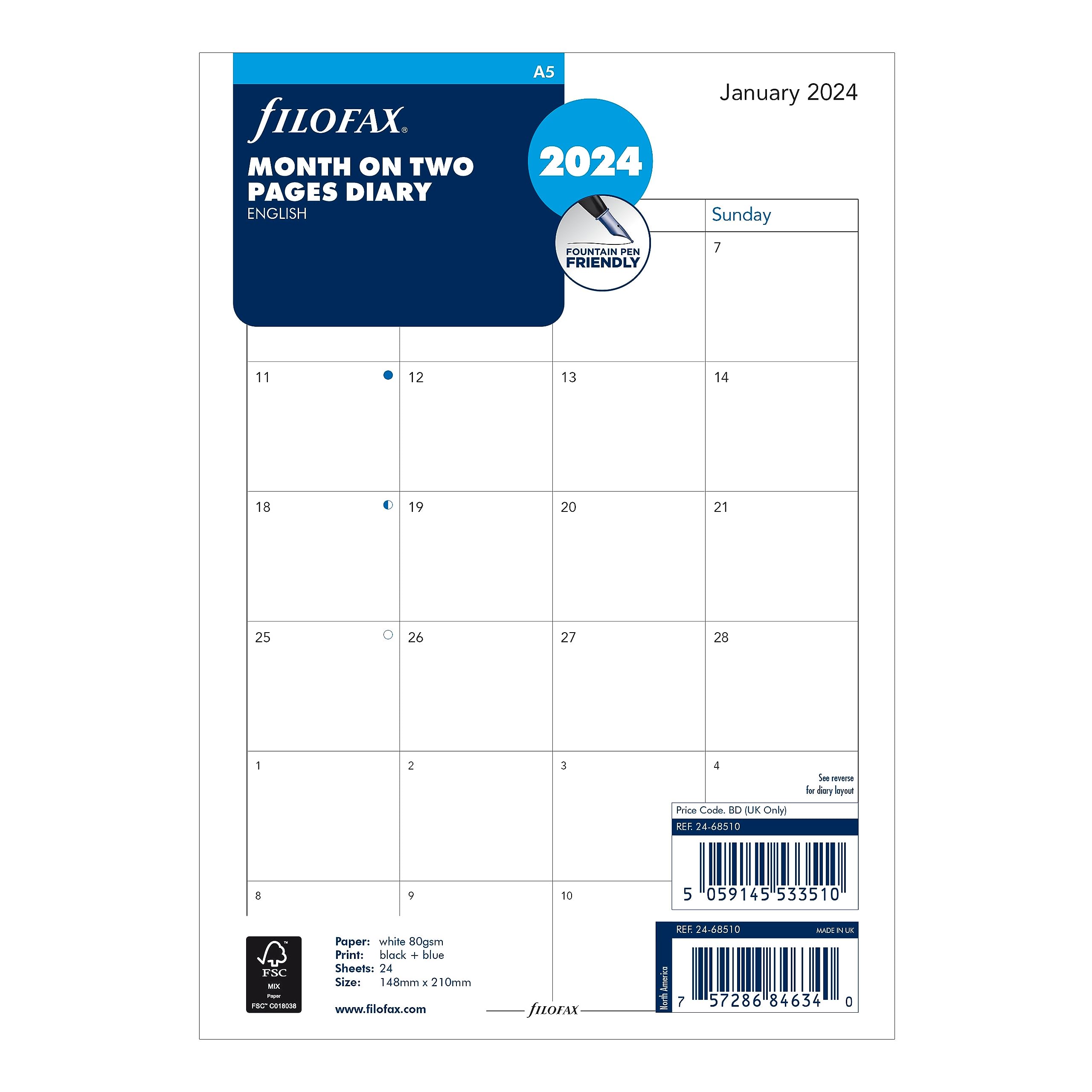 Filofax Calendar Diary Refill, A5 Size, Month-to-View, White Paper, English, 2024 (C68510-24)