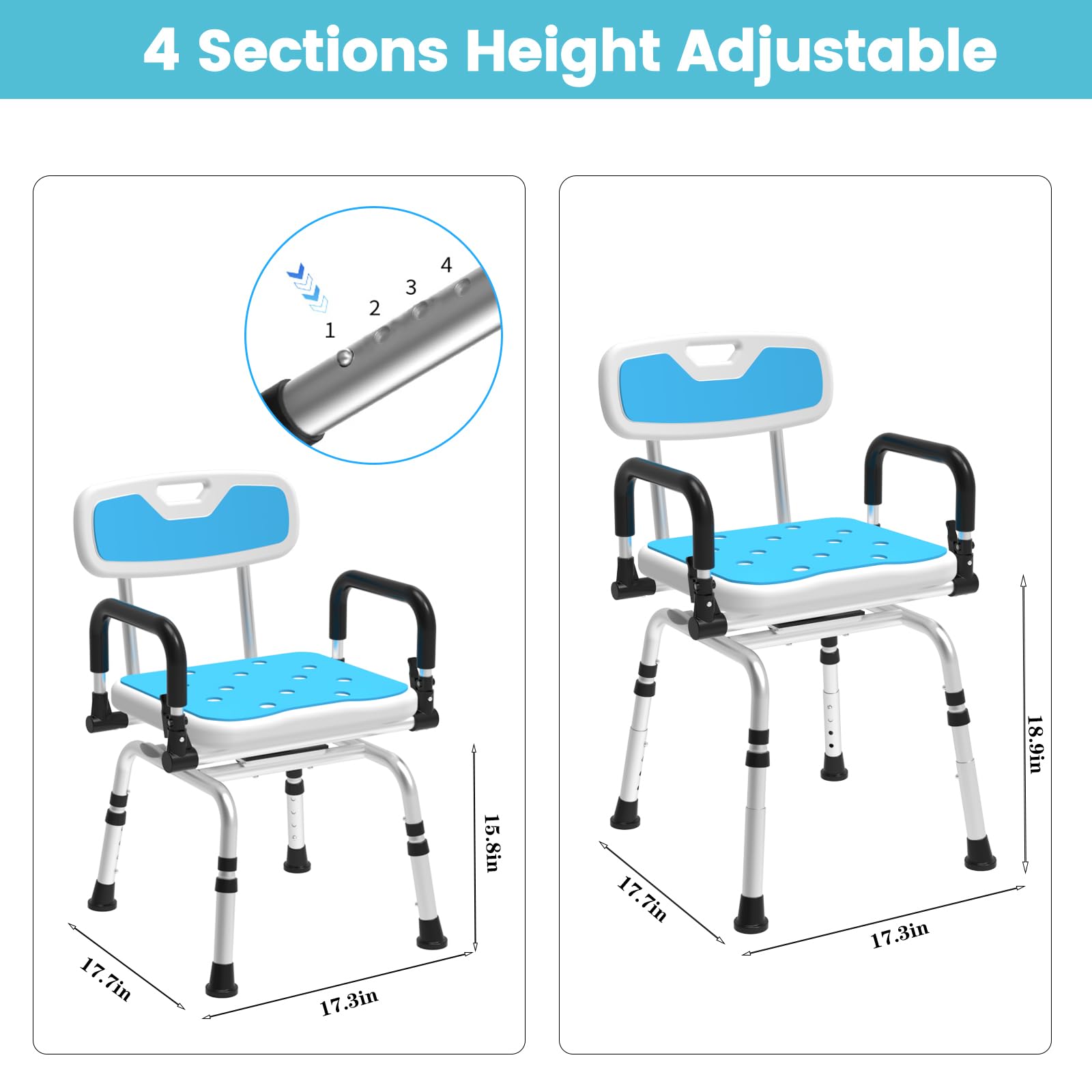 Shower Chair with Arms and Back 400 LB, Folding Shower Chair 5-Level Adjustable, Non-Slip Feet Shower Seat, for Elderly,Handicap,Disabled, Seniors & Pregnant