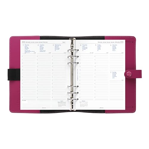 Filofax The Original Organizer, A5 Size, Raspberry - Leather, Six Rings, Week-to-View Calendar Diary, Multilingual, 2024 (C026089-24)