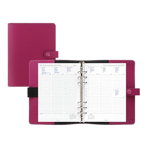 Filofax The Original Organizer, A5 Size, Raspberry - Leather, Six Rings, Week-to-View Calendar Diary, Multilingual, 2024 (C026089-24)