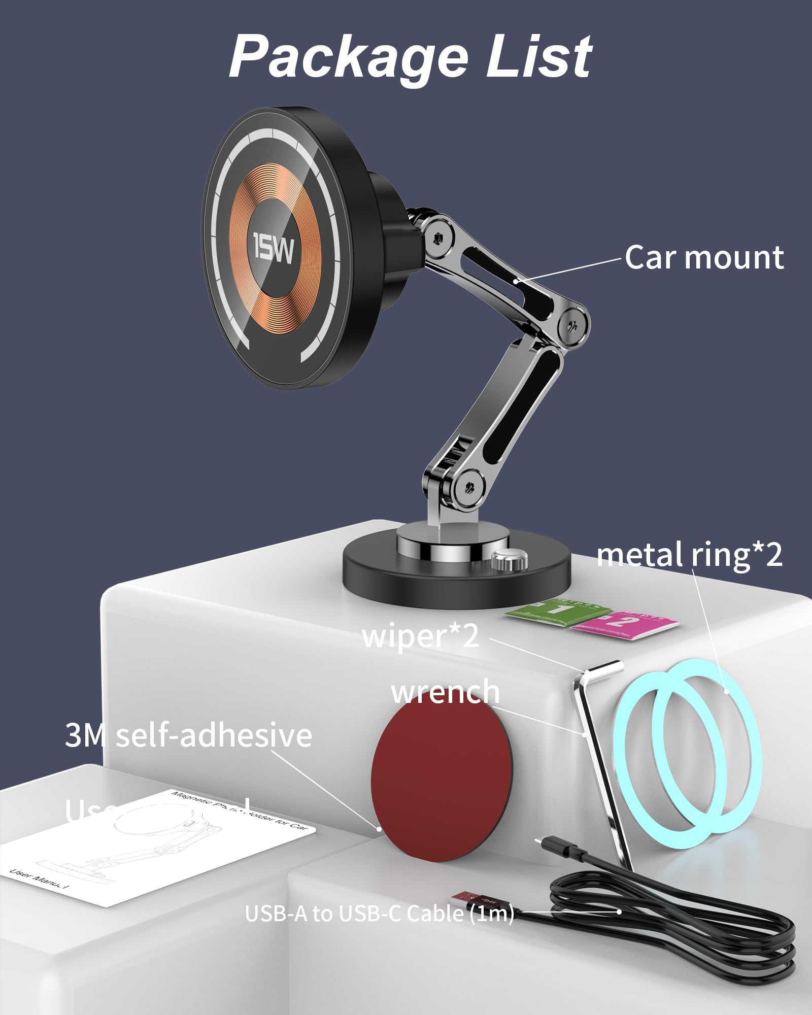 iAXBi Magnetic Car Mount Charger for MagSafe, 15W Wireless Fast Charger Phone Holder for Car with Adhesive, 360° Rotatable Zinc Alloy Handsfree Phone Stand