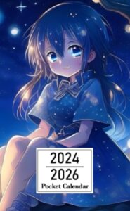 pocket calendar 2024-2026: two-year monthly planner for purse , 36 months from january 2024 to december 2026 | anime girl | blue dress | starry night sky