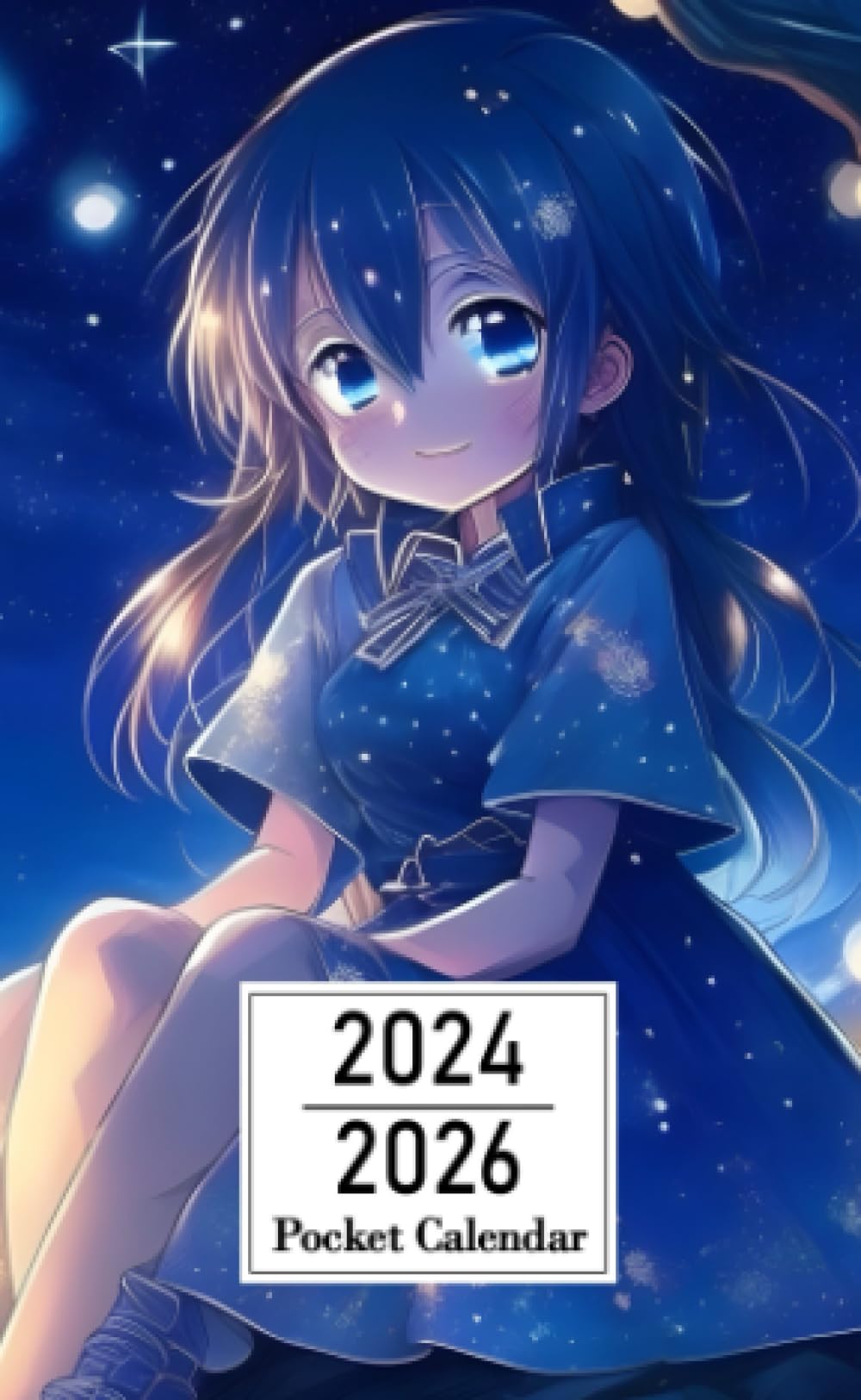 Pocket Calendar 2024-2026: Two-Year Monthly Planner for Purse , 36 Months from January 2024 to December 2026 | Anime girl | Blue dress | Starry night sky