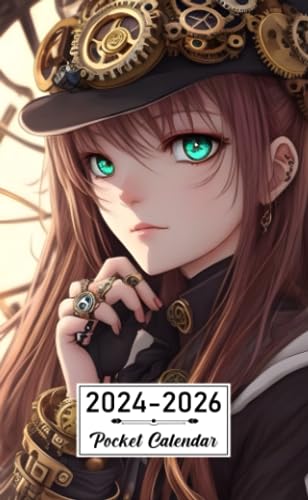 Pocket Calendar 2024-2026: Two-Year Monthly Planner for Purse , 36 Months from January 2024 to December 2026 | Steampunk rings | Anime girl