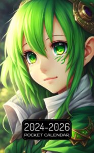 pocket calendar 2024-2026: two-year monthly planner for purse , 36 months from january 2024 to december 2026 | anime portrait | green lizard girl | cute face | shy face