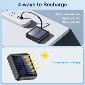 Solar Power Bank 12000mAh,Small Solar Charger Built in 4 Cables,USB C Input/Output,Dual Flashlight External Battery Portable Charger Power Bank for iPhone15/14/13/12/11/10/9/8,Tablet,Samsung (black)