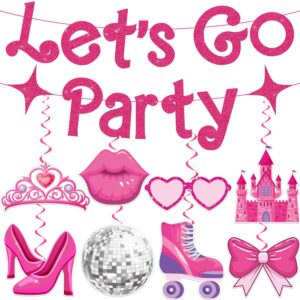 pink princess birthday hanging decorations, with 1pcs no diy lets go party banner and 8pcs pink princess hanging swirls, pink disco party decorations, pink bachelorette party decorations