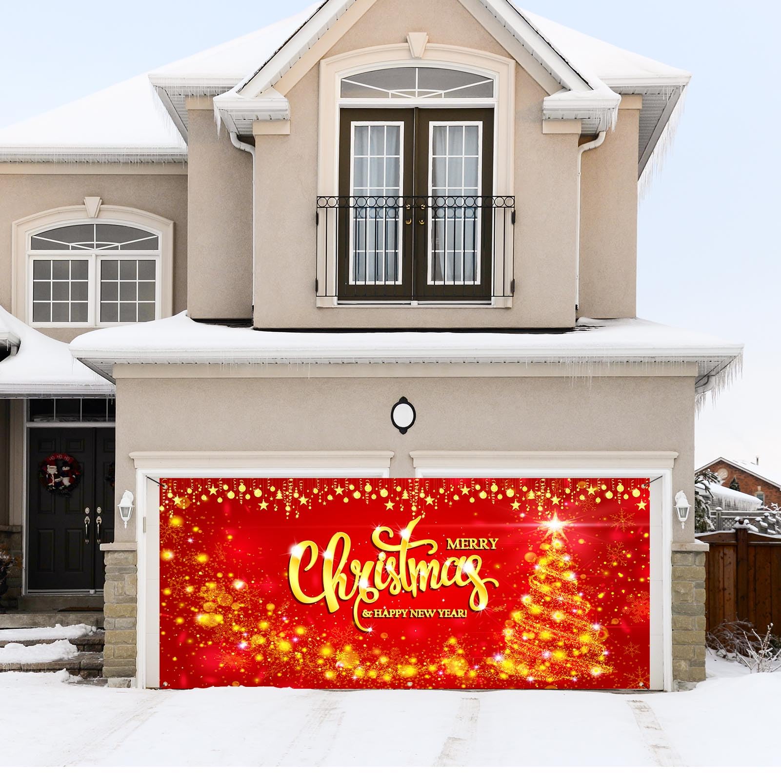 Trgowaul Christmas Garage Door Cover Banner Decoration with Light Large Red Xmas Garage Door Mural Christmas Tree Photography Background Party Supply Happy New Year Garage Door Christmas Decor7x16ft