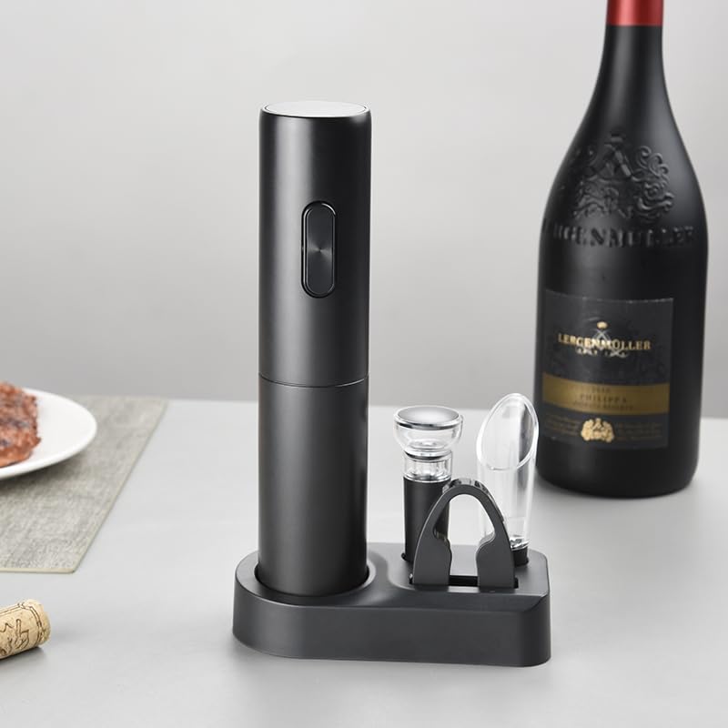 SimpleKitchen Electric Wine Opener, Automatic Electric Wine Bottle Corkscrew Opener with Foil Cutter, Battery Operated (Black)