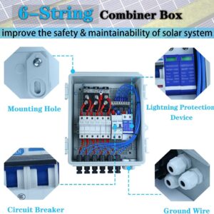 6 String PV Combiner Box with 15A Rated Current Fuse Lightning Arrester and Circuit Breakers for Solar Panel Kit Off Grid System