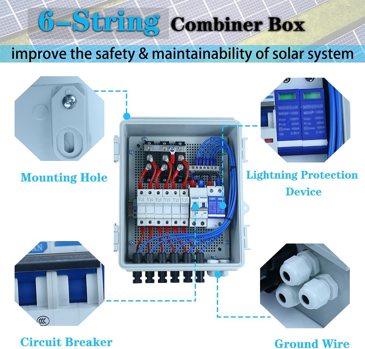 6 String PV Combiner Box with 15A Rated Current Fuse Lightning Arrester and Circuit Breakers for Solar Panel Kit Off Grid System