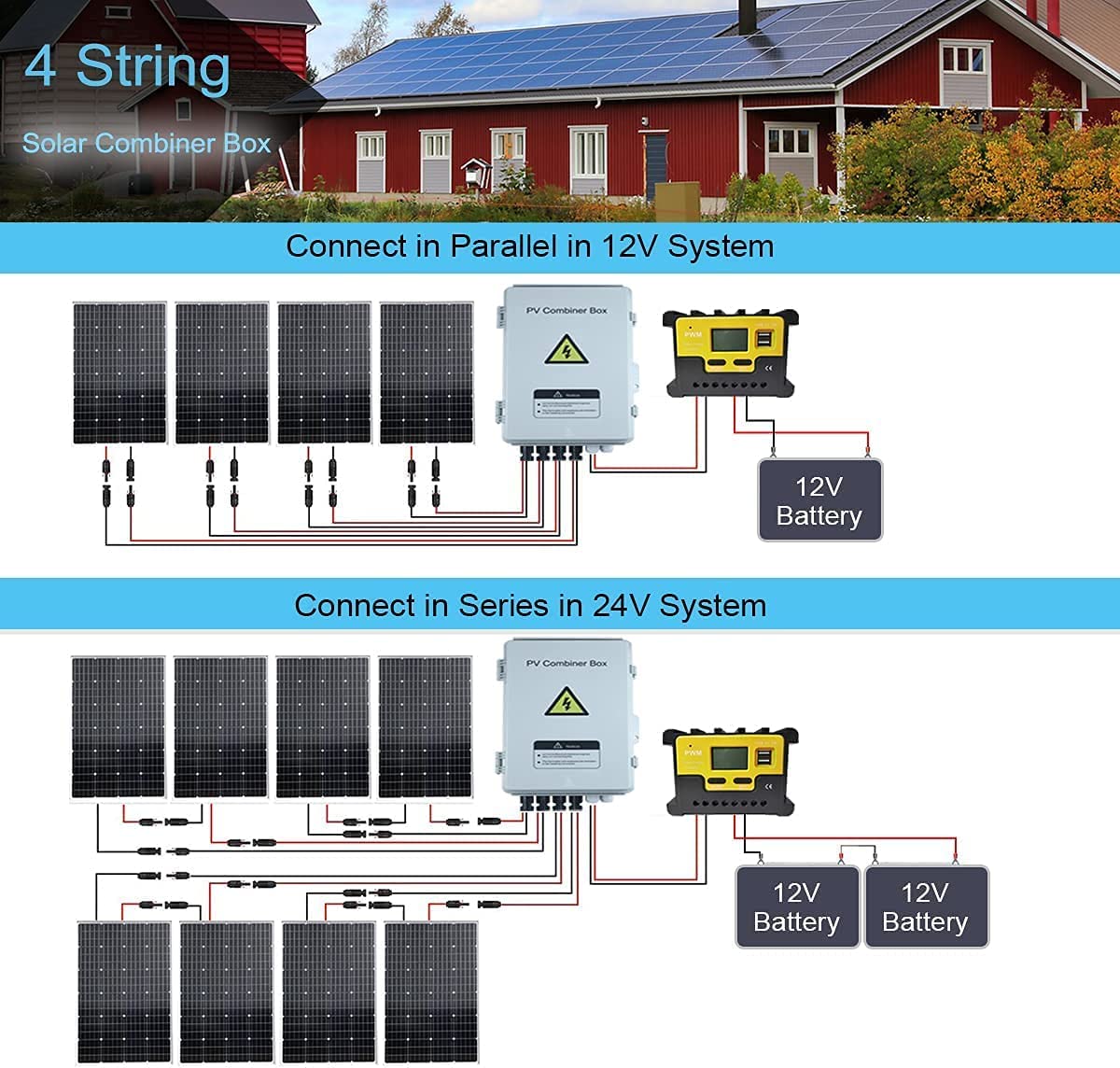 6 String PV Combiner Box with 15A Rated Current Fuse Lightning Arrester and Circuit Breakers for Solar Panel Kit Off Grid System