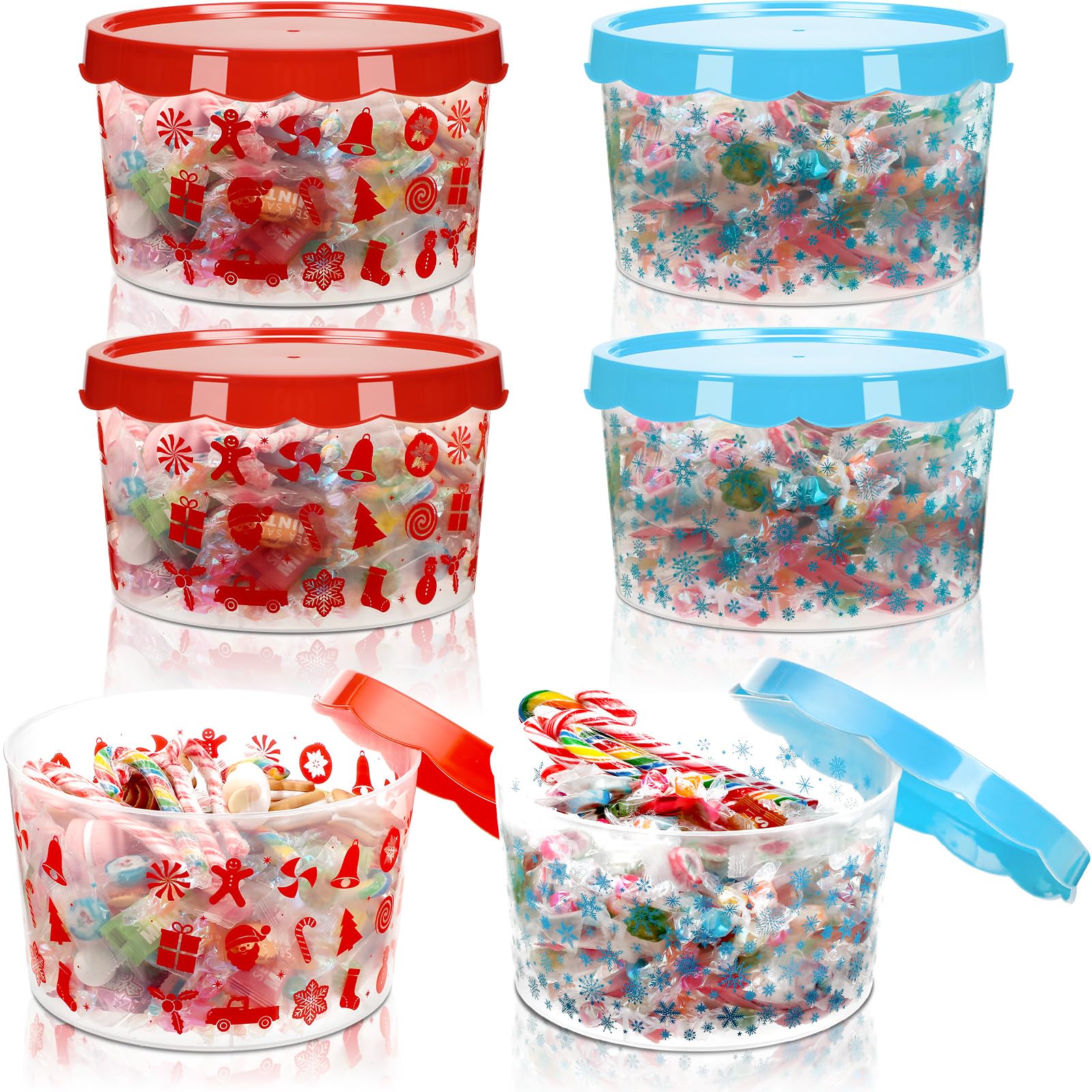 Barydat 6 Pcs Christmas Cookie Storage Buckets with Lids Christmas Theme Candy Cane Snowman Pattern Plastic Cookie Tin Xmas Winter Snowflake Candy Cookies Containers Jars for Xmas Winter Party Supply