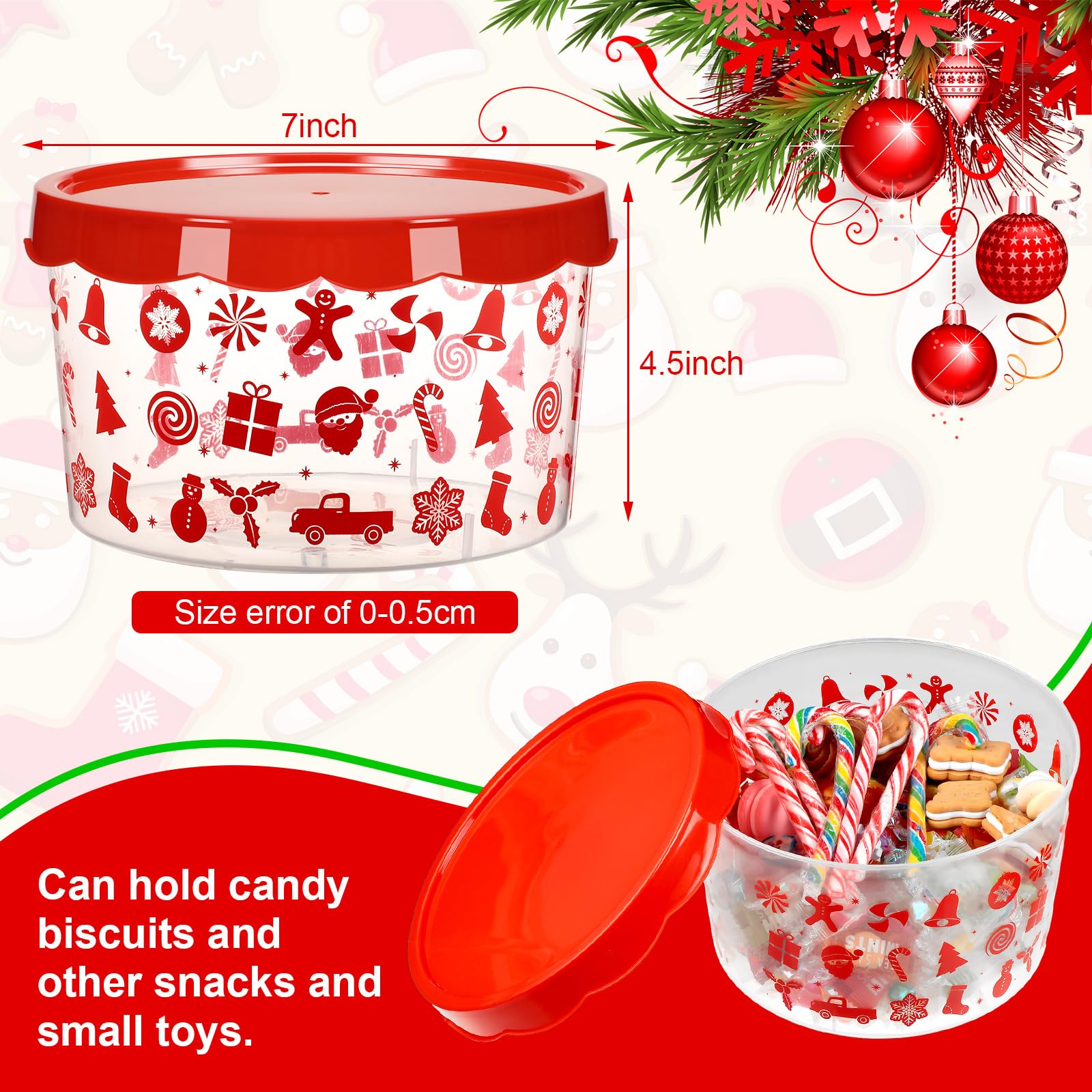 Barydat 6 Pcs Christmas Cookie Storage Buckets with Lids Christmas Theme Candy Cane Snowman Pattern Plastic Cookie Tin Xmas Winter Snowflake Candy Cookies Containers Jars for Xmas Winter Party Supply