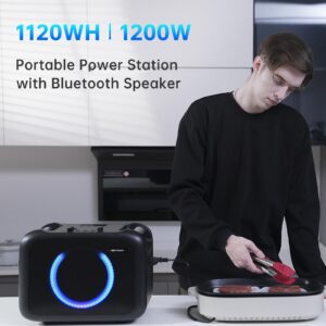 UIBI Portable Power Station with Bluetooth Speaker, 1120Wh LiFePO4 Battery Generator 1200W(2400W Peak), 1.5H to Full, with 2 Mics, PD100W/QC3.0/UPS Support, Solar Generator for Home Backup, Outdoor RV