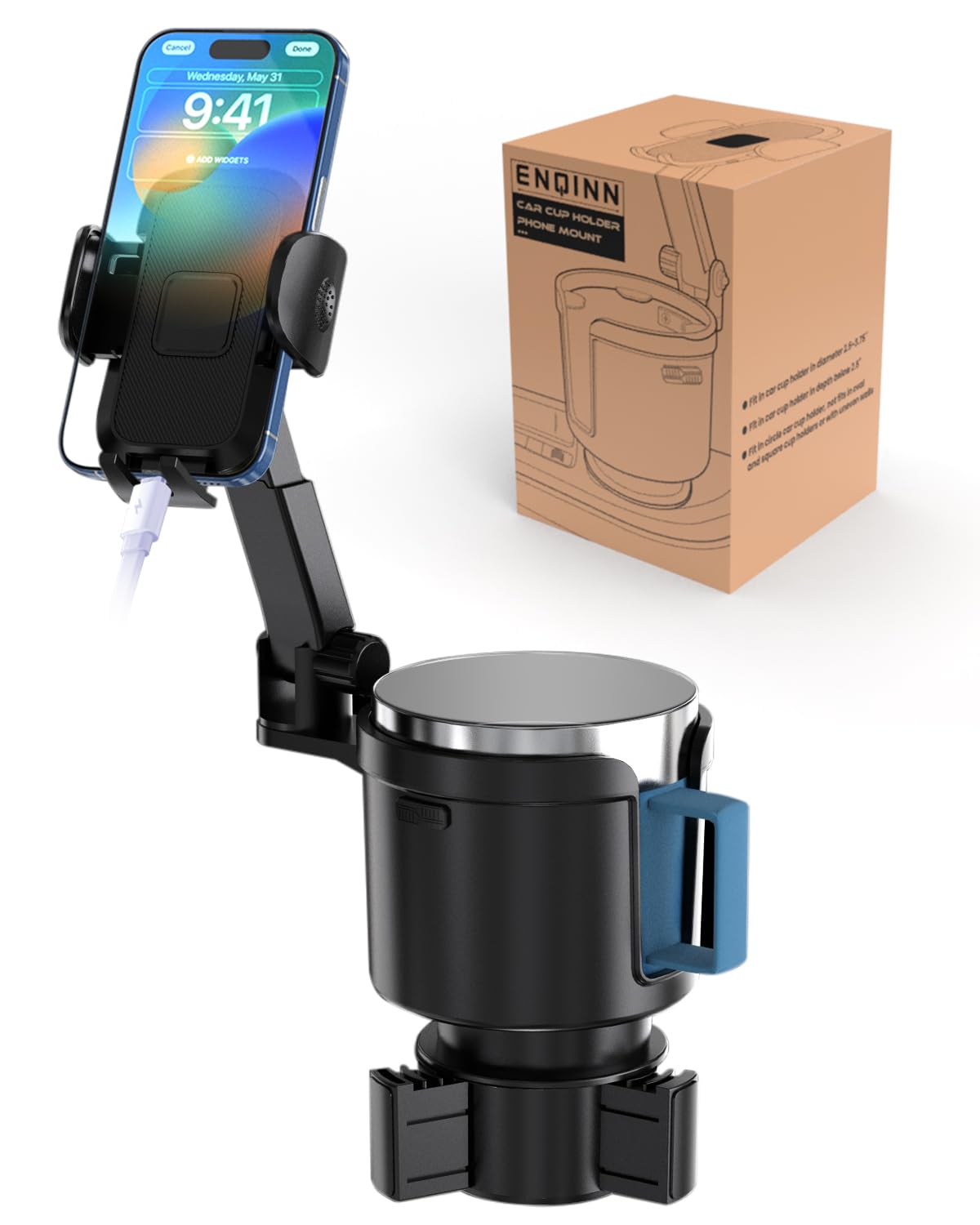 ENQINN Cup Holder Phone Mount for Car with Expandable Base, 2-in-1 Adjustable Cup Cellphone Holder Mount Compatible with iPhone Samsung Pixel and All Smartphones and Other Bottles Mugs in 3.4"-4.0"