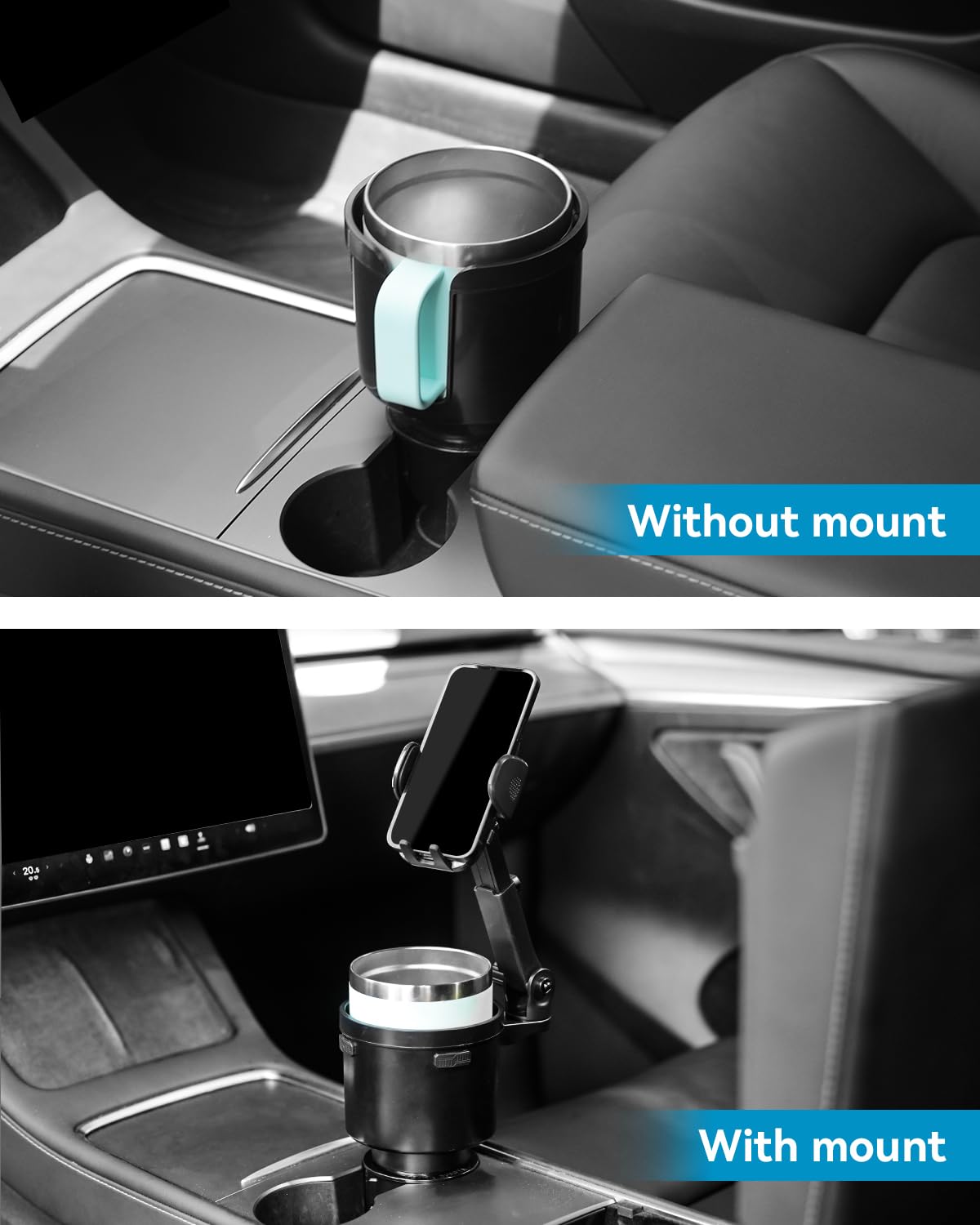 ENQINN Cup Holder Phone Mount for Car with Expandable Base, 2-in-1 Adjustable Cup Cellphone Holder Mount Compatible with iPhone Samsung Pixel and All Smartphones and Other Bottles Mugs in 3.4"-4.0"