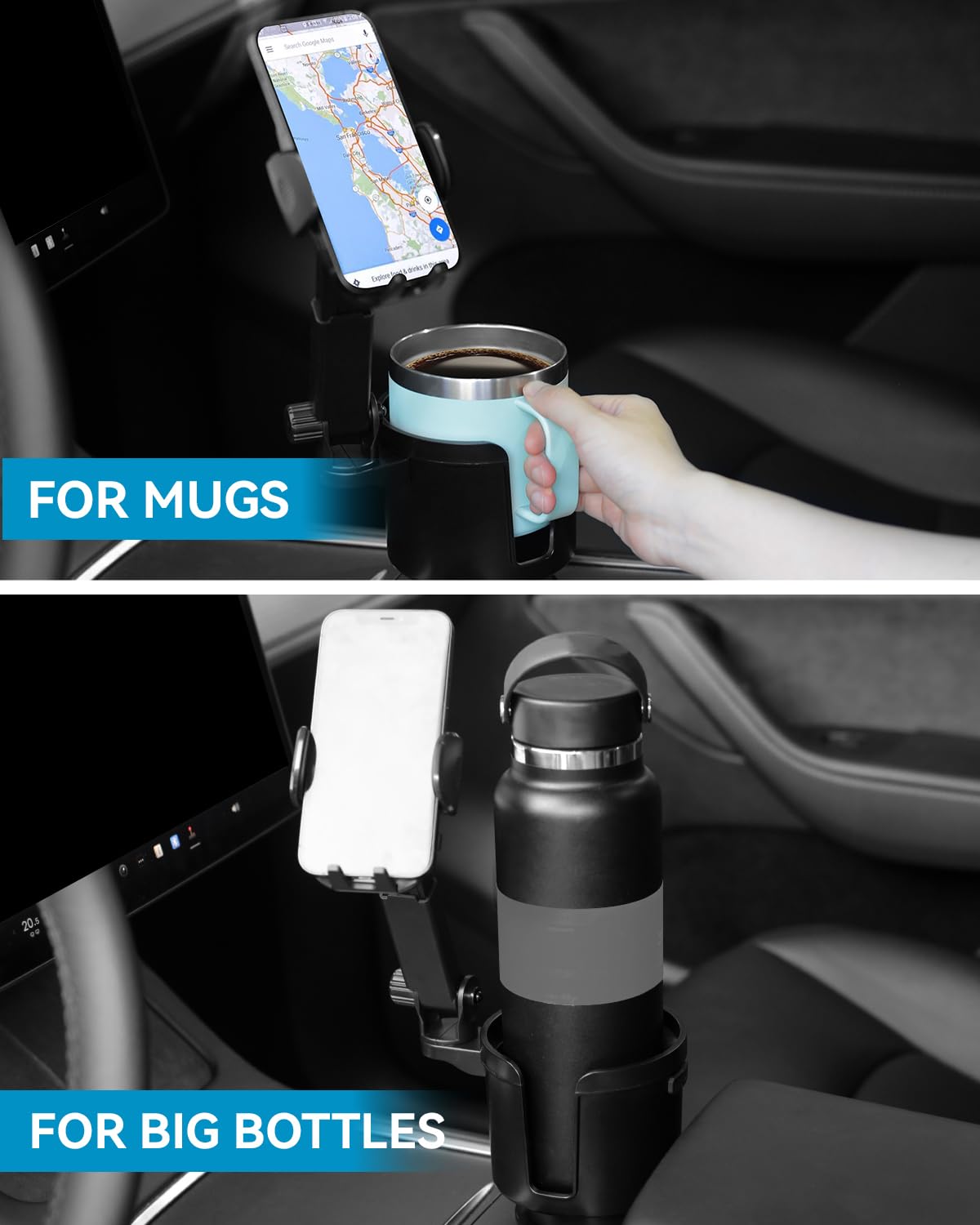 ENQINN Cup Holder Phone Mount for Car with Expandable Base, 2-in-1 Adjustable Cup Cellphone Holder Mount Compatible with iPhone Samsung Pixel and All Smartphones and Other Bottles Mugs in 3.4"-4.0"